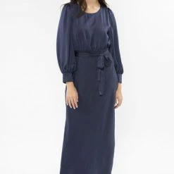 Leila + Luca Fashion Whimsical Navy Satin Tie Waist LS Maxi Dress