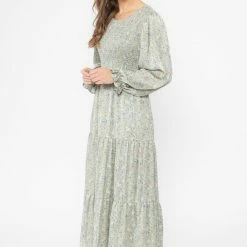 Billie The Label Awaken Olive Floral Shirred Bodice LS Tiered Maxi Dress Fashion