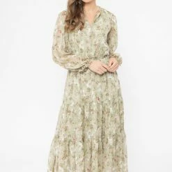 Seeking Lola Fashion Magical Sage Floral LS Tiered Maxi Dress