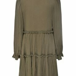 Ivy + Jack Billie Khaki Cotton LS Frill V Neck Tiered Mini Dress
