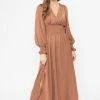 Billie The Label Skilful Rust Satin Shirred Waist LS Maxi Dress