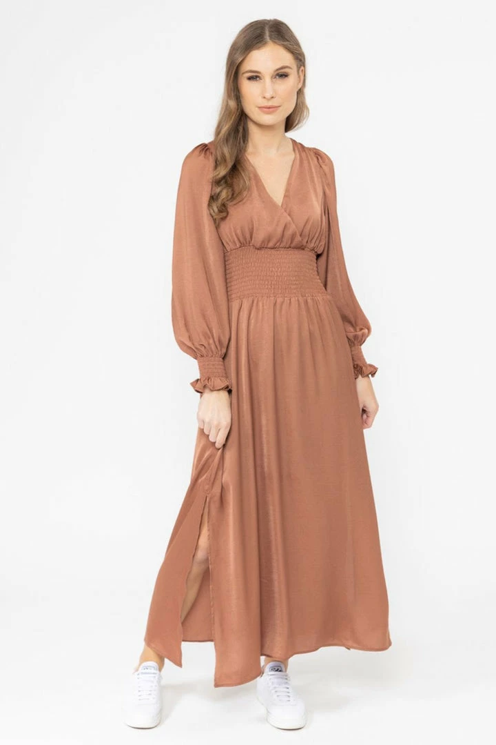 Billie The Label Skilful Rust Satin Shirred Waist LS Maxi Dress