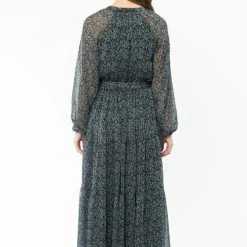Billie The Label Admiration Blue Floral Textured LS Tie Waist Midi Dress