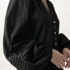 Among The Brave Fashion Zodiac Black Linen LS Pin Tuck Balloon Sleeve Tiered Mini Dress