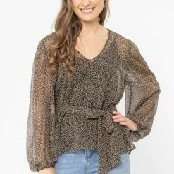 Billie The Label Big Love Black Ditsy LS V Neck Tie Waist Top