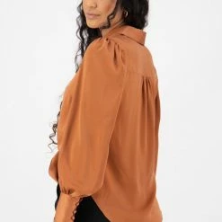 Among The Brave Victory Copper Satin Tie Front Puff Sleeve Shirt Fashion