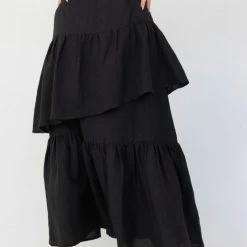 Among The Brave Amelia Black Asymetrical Tiered Linen Skirt