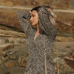 Among The Brave Full Of Life Black Ditsy Floral LS Balloon Sleeve Wrap Tiered Mini Dress Fashion