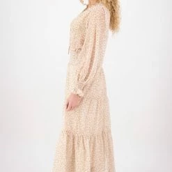 Ivy + Jack Fashion Charlie Natural Floral Crinkle LS Frill V Neck Tiered Midi Dress