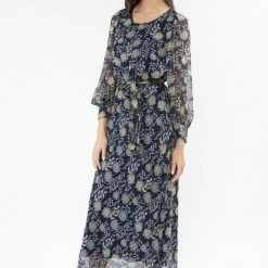 Leila + Luca Whimsical Navy Bloom Tie Waist LS Maxi Dress