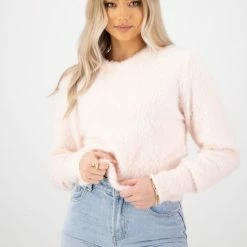 Among The Brave Lovable Candyfloss Eyelash Yarn Cropped Crew Neck Knit Fashion