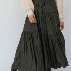 Among The Brave Sensational Dark Khaki Tiered Satin Tie Waist Maxi Skirt