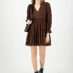 Ivy + Jack Fashion Billie Cocoa Shirred Cotton LS Frill V Neck Tiered Mini Dress