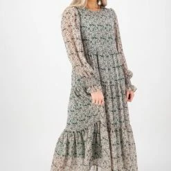 Ivy + Jack Effortless Emerald Leaf Blouson LS Maxi Tiered Dress Fashion