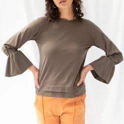 ReCreate Transit Frill Sleeve Taupe Cotton Top