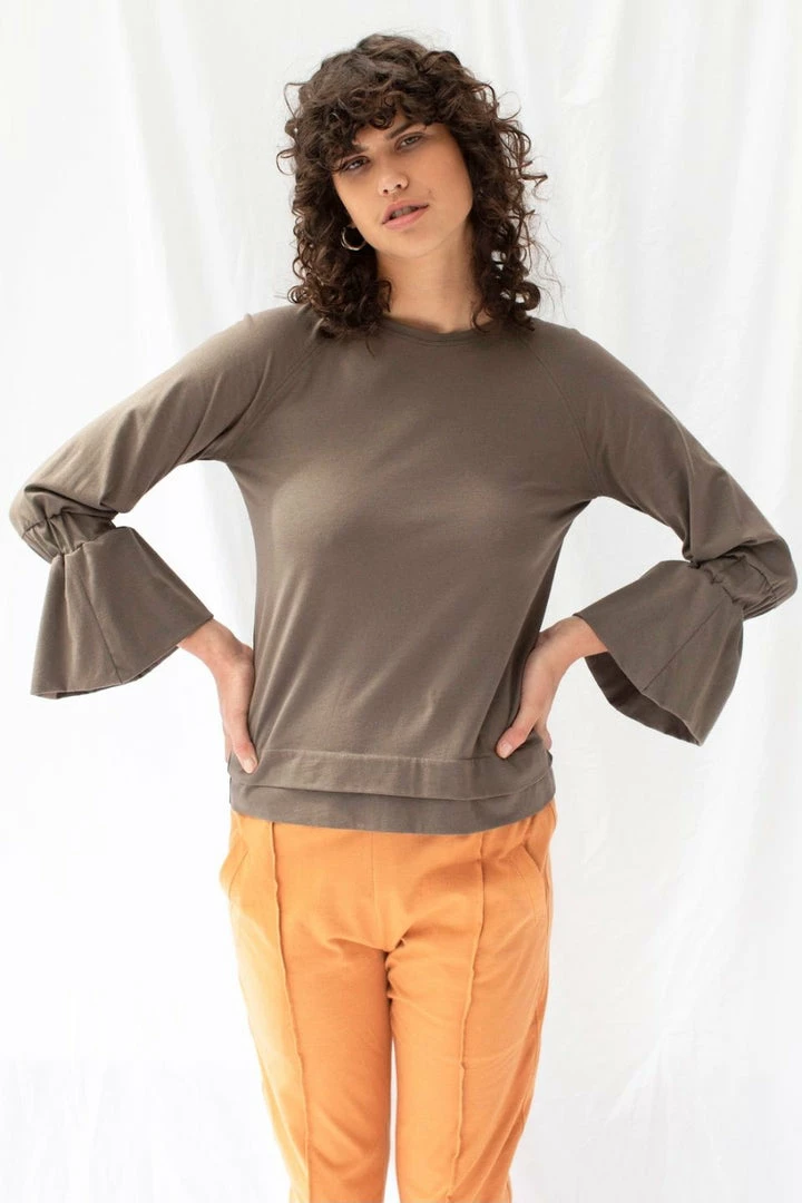 ReCreate Transit Frill Sleeve Taupe Cotton Top