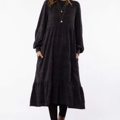 Foxwood Fashion Kensington Balloon LS Tiered Charcoal Marle Midi Dress