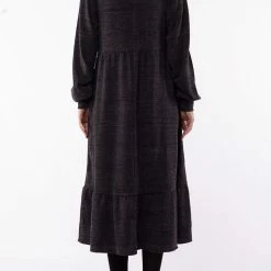 Foxwood Fashion Kensington Balloon LS Tiered Charcoal Marle Midi Dress