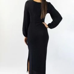Among The Brave New Moon Black Shimmer LS Puff Sleeve Ring Midi Dress