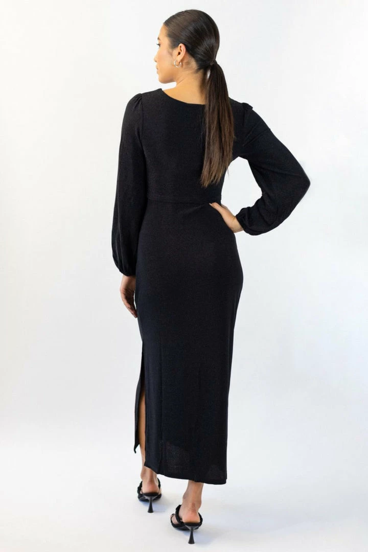 Among The Brave New Moon Black Shimmer LS Puff Sleeve Ring Midi Dress