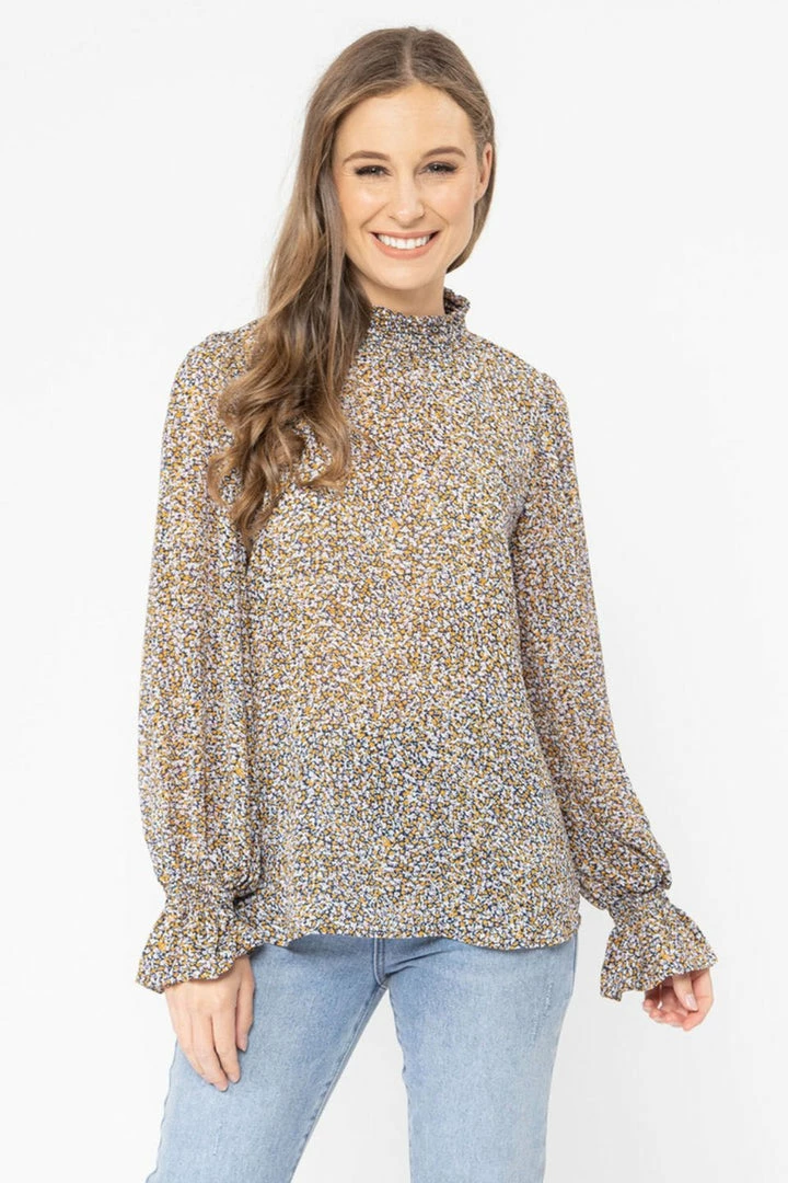Seeking Lola Fashion Walk This Way Caramel Floral LS Shirred Top