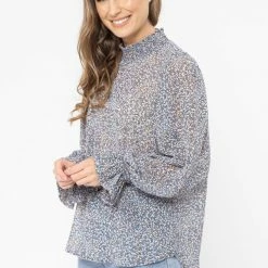 Seeking Lola Walk This Way Blue Floral LS Shirred Top Fashion