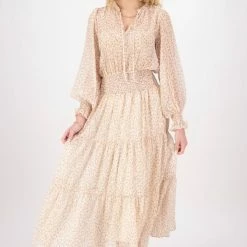 Ivy + Jack Fashion Charlie Natural Floral Crinkle LS Frill V Neck Tiered Midi Dress