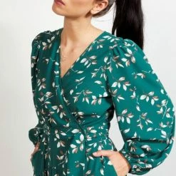 Drama The Label Tracey Green Tea Floral LS Wrap Midi Dress