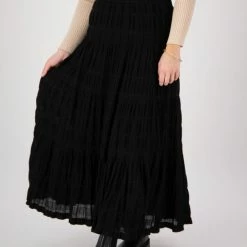 Ivy + Jack Charming Black Cotton Shirred Waist Tiered Maxi Skirt