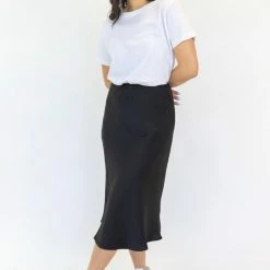 Ivy + Jack Ivy Black Washer Satin Midi Bias Skirt