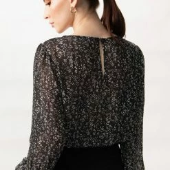 Among The Brave Pure Black Ditsy Fleck Puff Sleeve Shirred Blouse