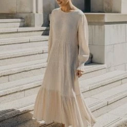 Ivy + Jack Effortless Ecru Shirred Blouson LS Maxi Tiered Dress