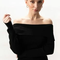 Among The Brave Fashion Sasha Black Off Shoulder Rib Knit Top