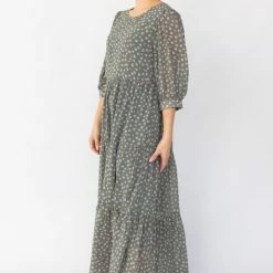 Among The Brave Fashion Lucid Sage Ditsy Floral Puff Sleeve Tiered Maxi Dress