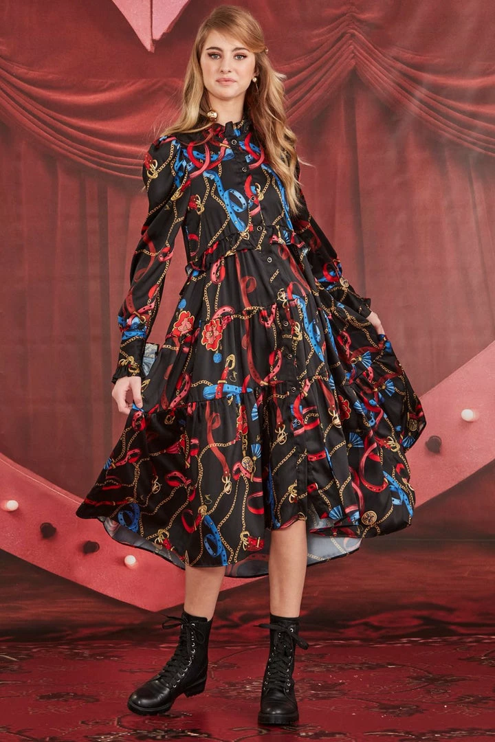 Coop Fashion Dressed To Frill Chain Black Print LS Midi Dress