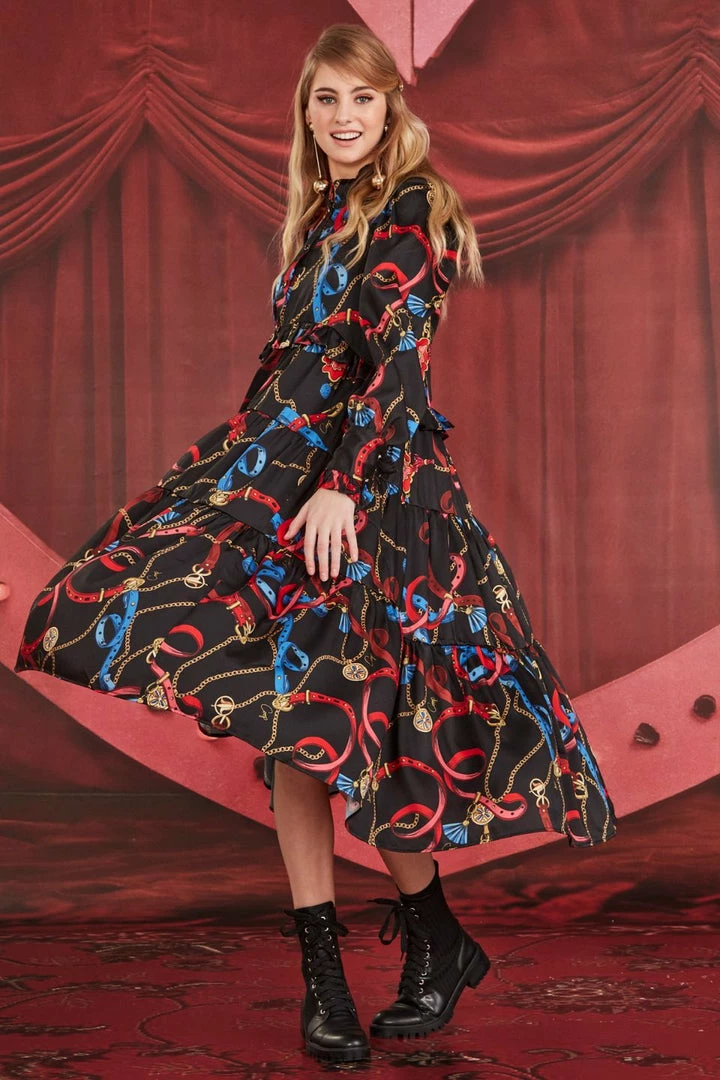 Coop Fashion Dressed To Frill Chain Black Print LS Midi Dress