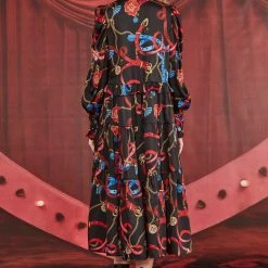 Coop Fashion Dressed To Frill Chain Black Print LS Midi Dress