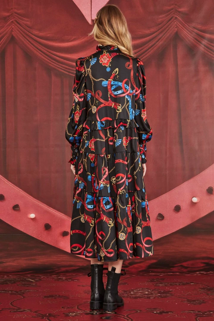 Coop Fashion Dressed To Frill Chain Black Print LS Midi Dress