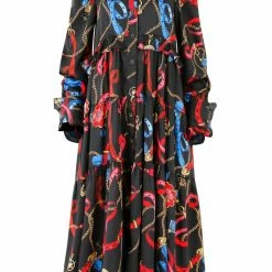 Coop Fashion Dressed To Frill Chain Black Print LS Midi Dress