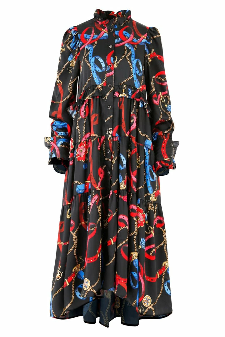 Coop Fashion Dressed To Frill Chain Black Print LS Midi Dress