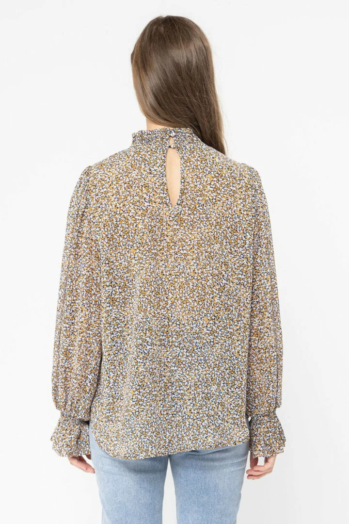 Seeking Lola Fashion Walk This Way Caramel Floral LS Shirred Top