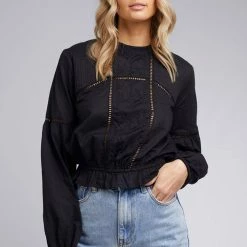 All About Eve Isla Black Poplin High Neck Lace Blouse