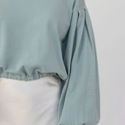 Among The Brave Fashion Billie Sea Foam Slouchy Crop Balloon Sleeve Tie Hem Knit