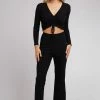 All About Eve Black Rib V Neck Tie LS Crop Top Fashion