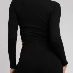 All About Eve Black Rib V Neck Tie LS Crop Top Fashion