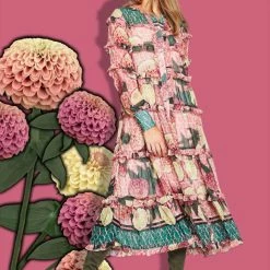 Coop Fashion Hang In Tier LS Frill Pink Zinnia Garden Midi Dress