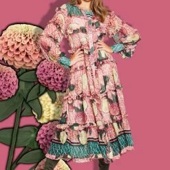 Coop Fashion Hang In Tier LS Frill Pink Zinnia Garden Midi Dress