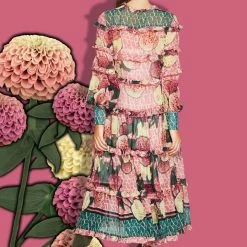 Coop Fashion Hang In Tier LS Frill Pink Zinnia Garden Midi Dress