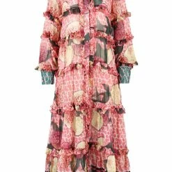 Coop Fashion Hang In Tier LS Frill Pink Zinnia Garden Midi Dress