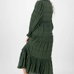 Ivy + Jack Fashion Jessie Hunter Green Shirred Cotton LS Tiered Midi Dress